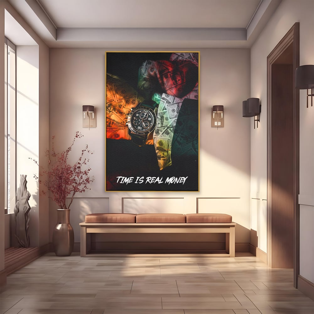 Tablou canvas cu tablou motivational cu ceas si bancnote, in rama de aluminiu auriu